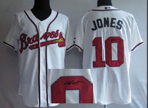 Braves #10 Chipper Jones White Cool Base Autographed Stitched MLB Jersey - Click Image to Close